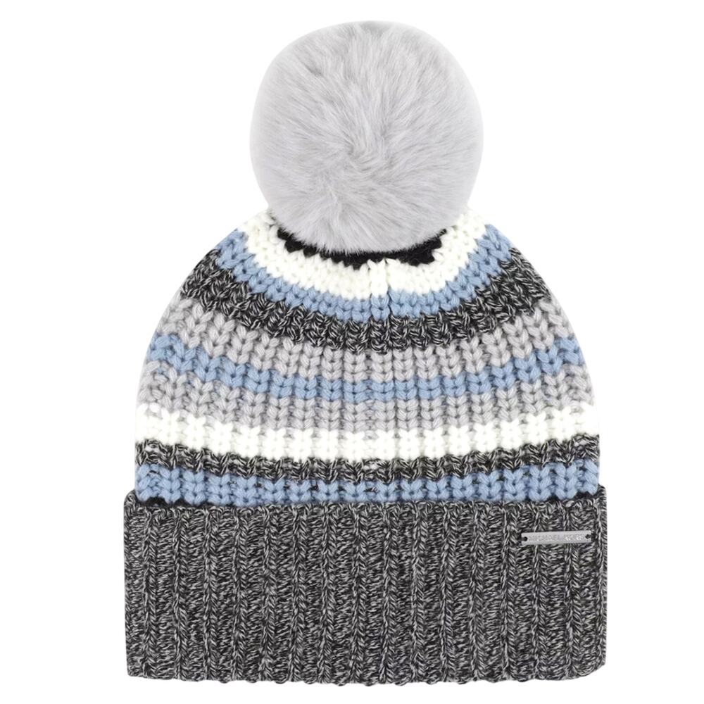 MICHAEL KORS BEANIE HAT WOMEN'S STRIPED RIBBED-CUFF IN COLOR CHAMBRAY